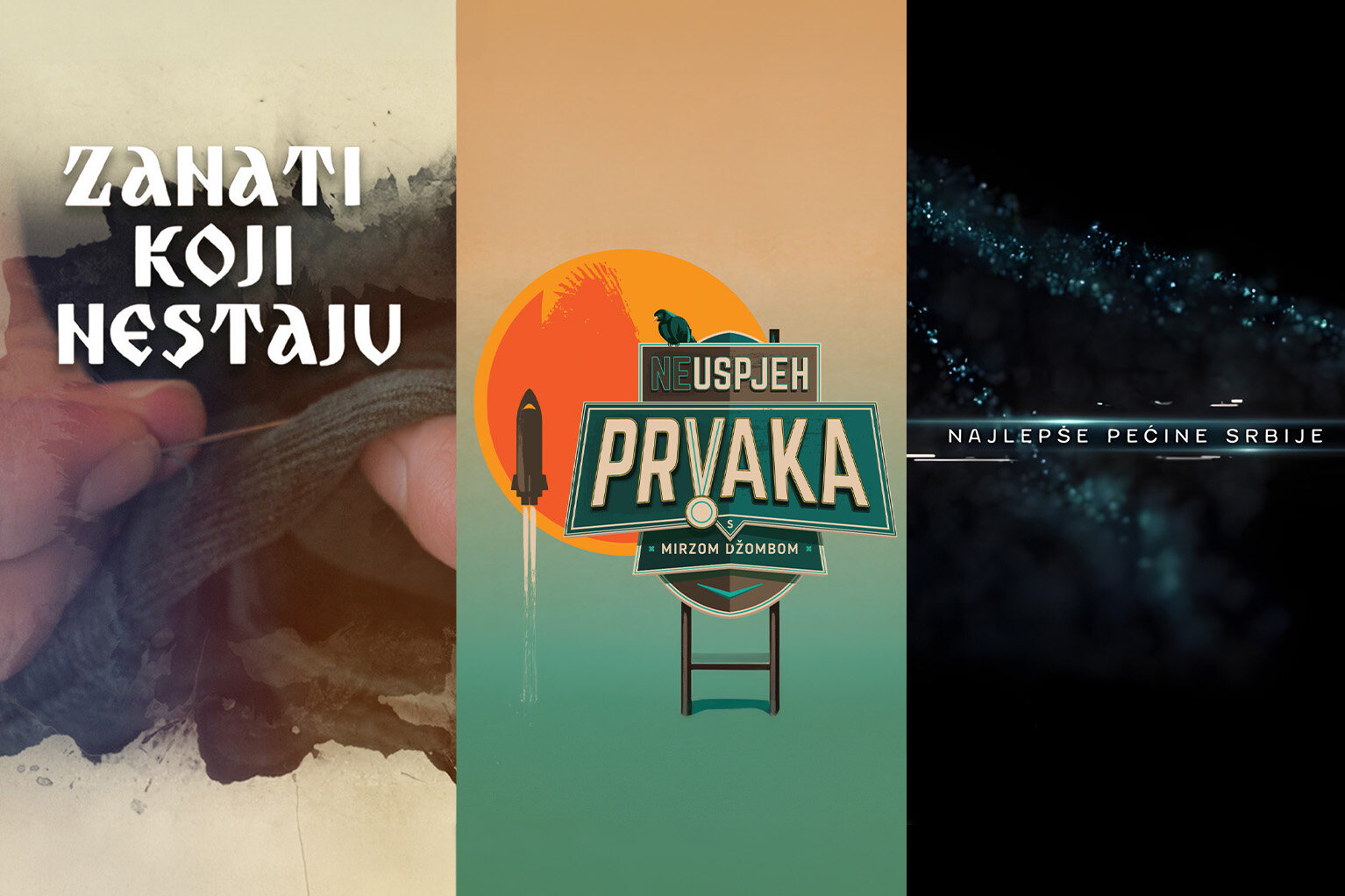 Kolaž naslovnih slika tri dokumentarna serijala dostupna u TS Media video klubu.