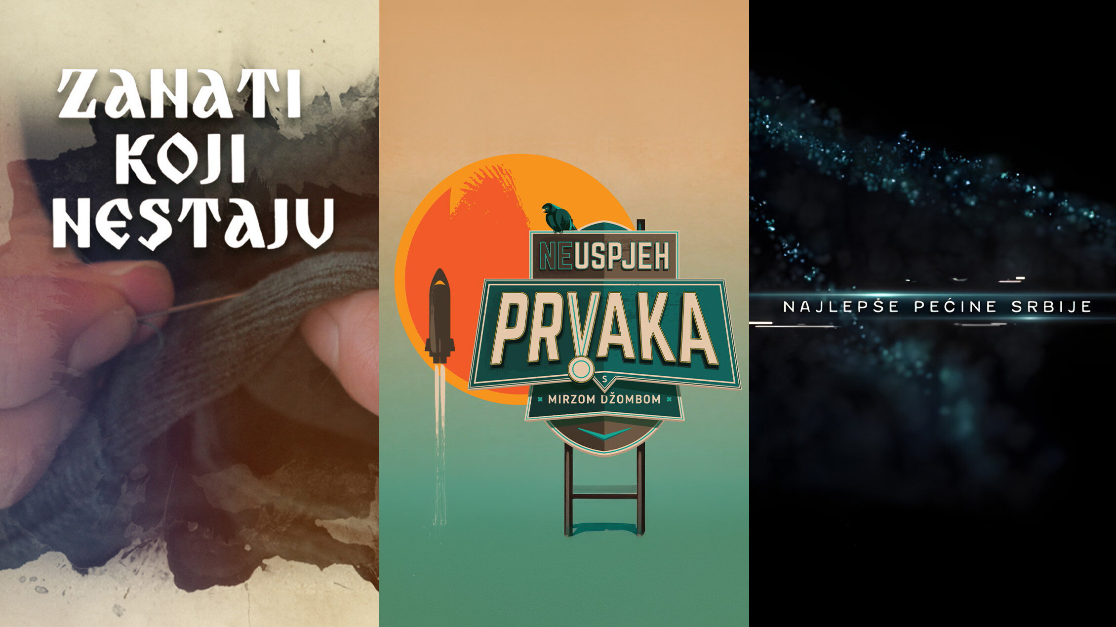 Kolaž naslovnih slika tri dokumentarna serijala dostupna u TS Media video klubu.